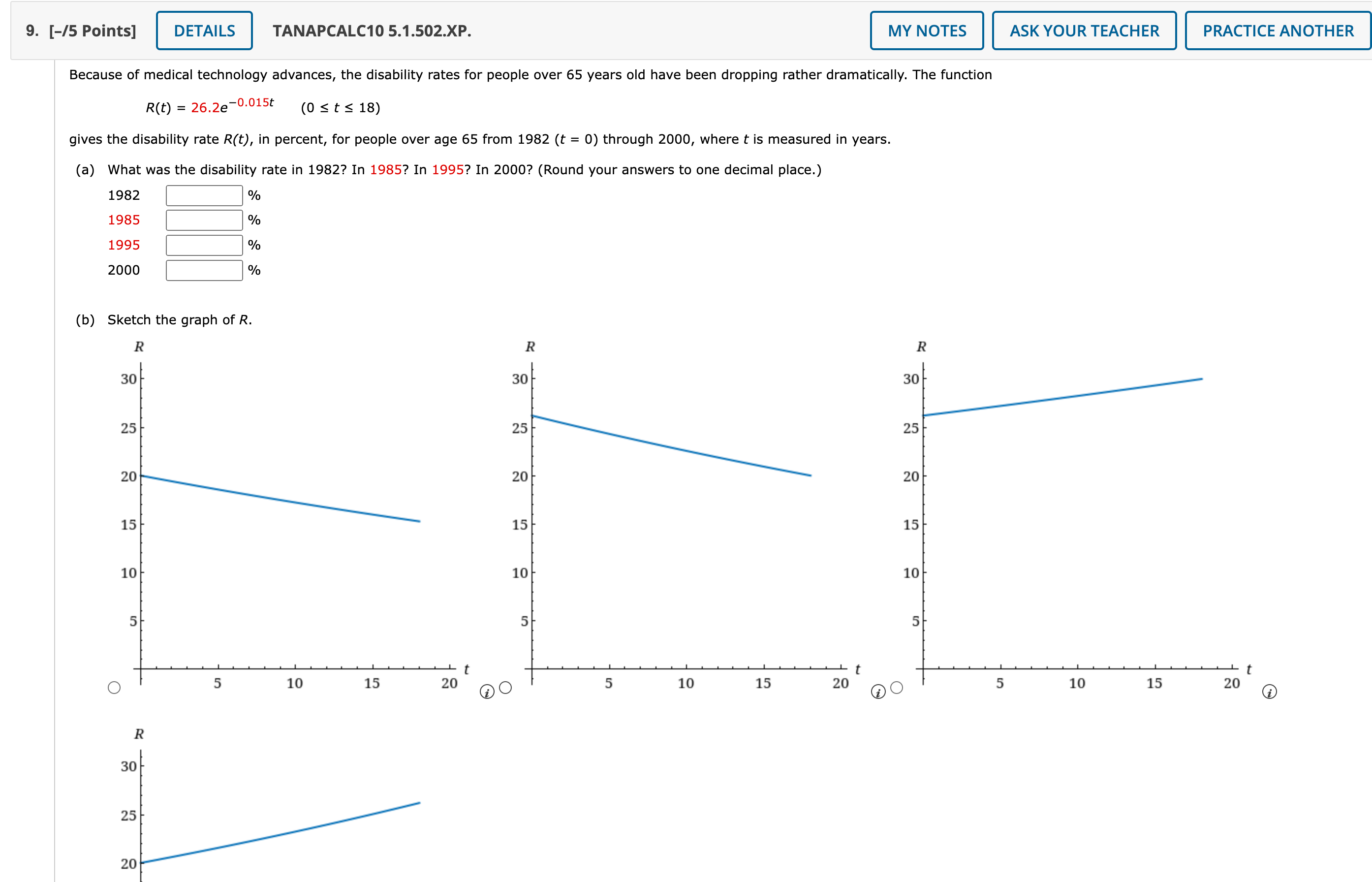 Solved R(t)=26.2e−0.015t(0≤t≤18) gives the disability rate | Chegg.com