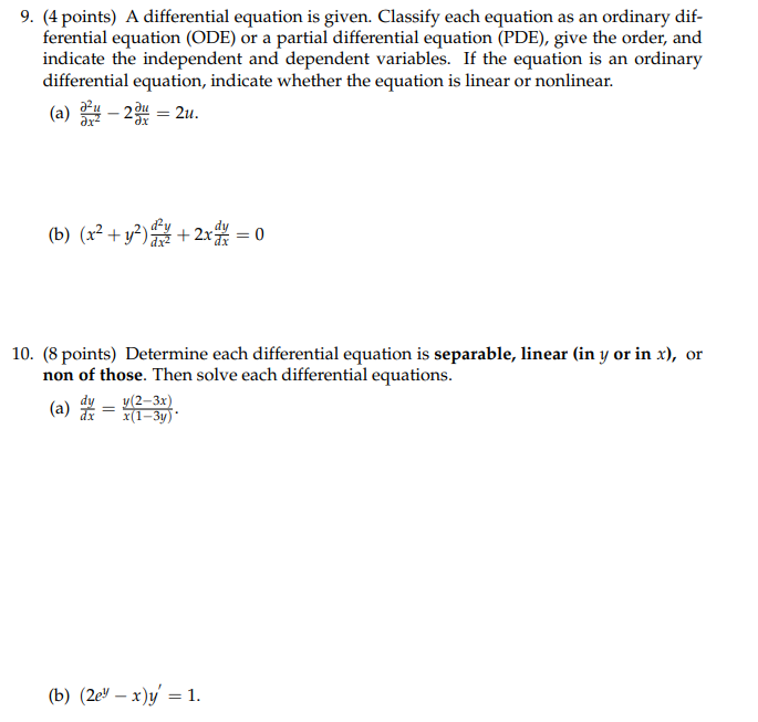 Solved 9. (4 points) A differential equation is given. | Chegg.com