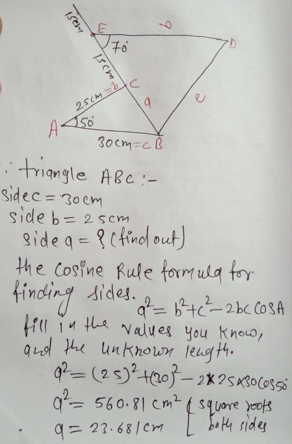 25CM-b S0 30cm-cB 9 A :tiangle ABe Sidec= 30cm ideb 2s cm 9ide q- ctinol out the Cosfne Rule formula tor tinding dides. fha N