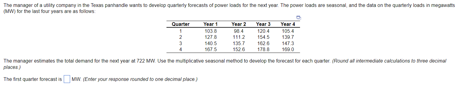 Solved places.) The first quarter forecast is MW. (Enter | Chegg.com