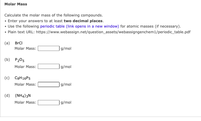 Solved Calculate The Molar Mass Of The Following Compounds. | Chegg.com