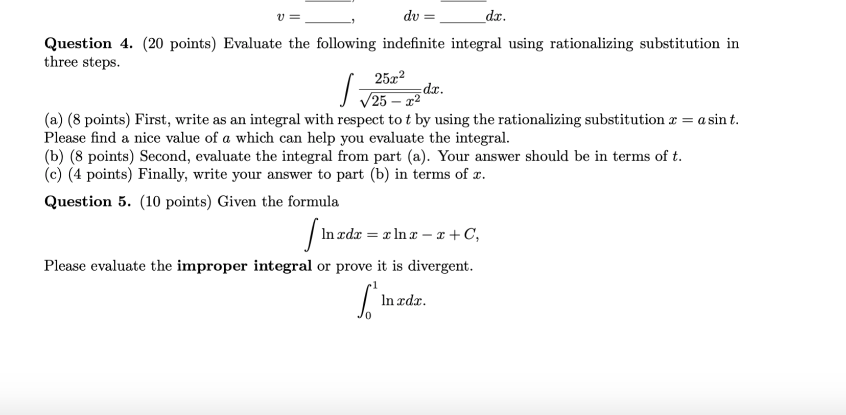Solved V= du dx. Question 4. (20 points) Evaluate the | Chegg.com