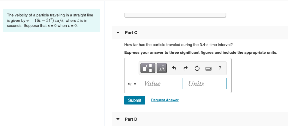 Solved The velocity of a particle traveling in a straight | Chegg.com