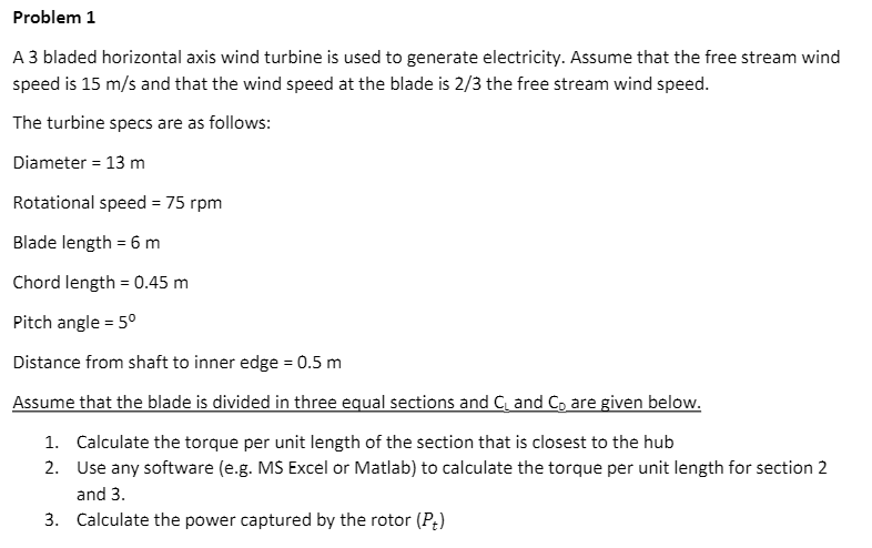 Problem 1 A 3 bladed horizontal axis wind turbine is | Chegg.com