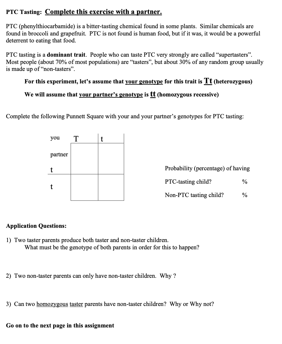 Solved PTC Tasting: Complete this exercise with a partner. | Chegg.com