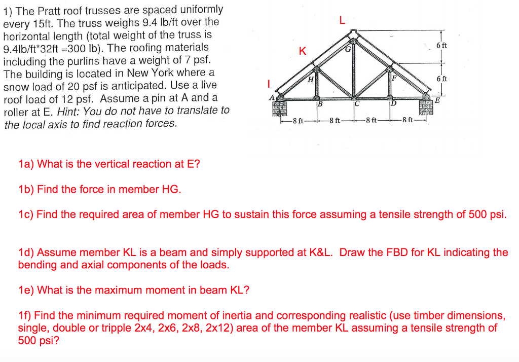 1) The Pratt roof trusses are spaced uniformly every