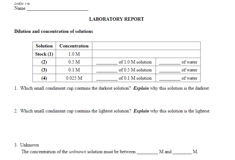 Solved LABORATORY REPORT Dilution and concentration of