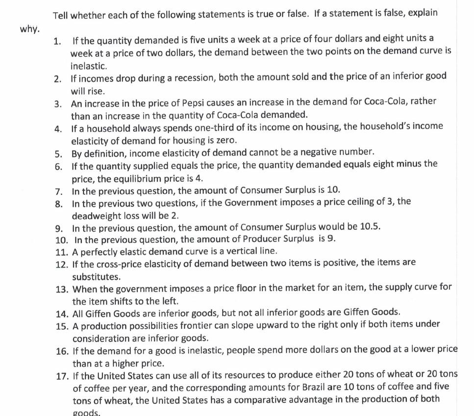 Solved Tell whether each of the following statements is true | Chegg.com