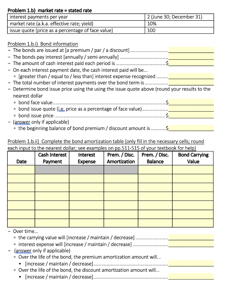 Solved Problem 1.c.ii) Complete the bond amortization table | Chegg.com