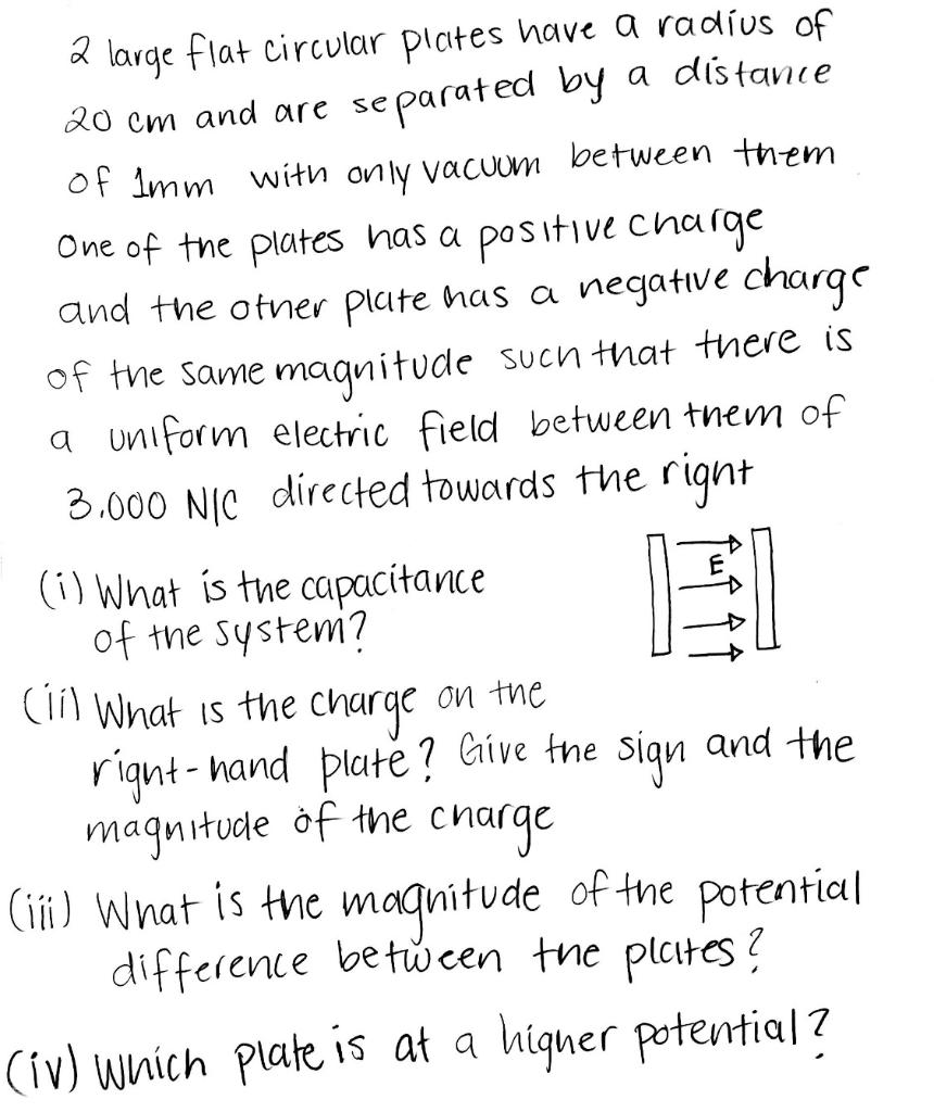 Solved 2 large flat circular plates have a radius of 20 cm