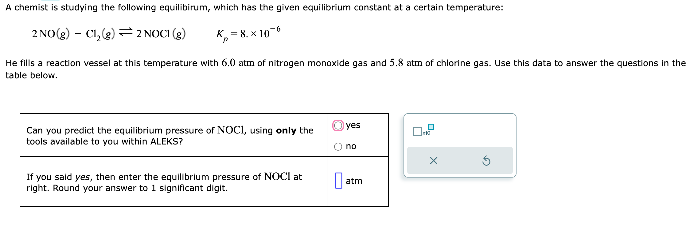 Solved 2NO(g)+Cl2( g)⇌2NOCl(g)Kp=8.×10−6 He fills a reaction | Chegg.com