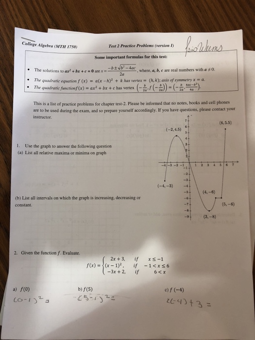 Solved College Algebra (MTH 1750) Test 2 Practice Problems | Chegg.com