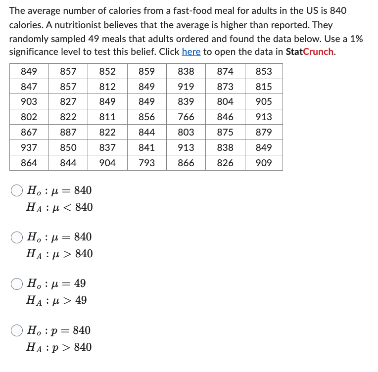 Solved The average number of calories from a fast-food meal | Chegg.com