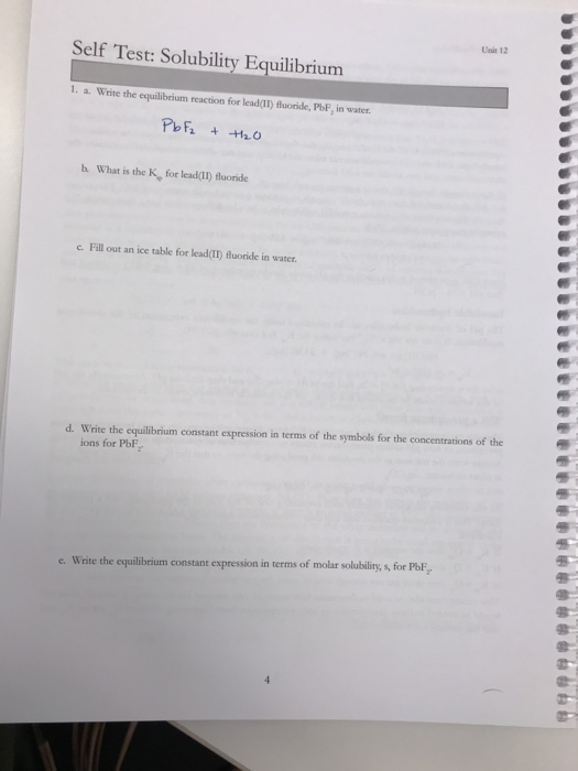Solved Unit 12 Self Test: Solubility Equilibrium 1. a. Write | Chegg.com