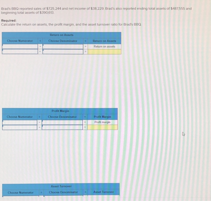Solved Brad's BBQ reported sales of 725,244 and net
