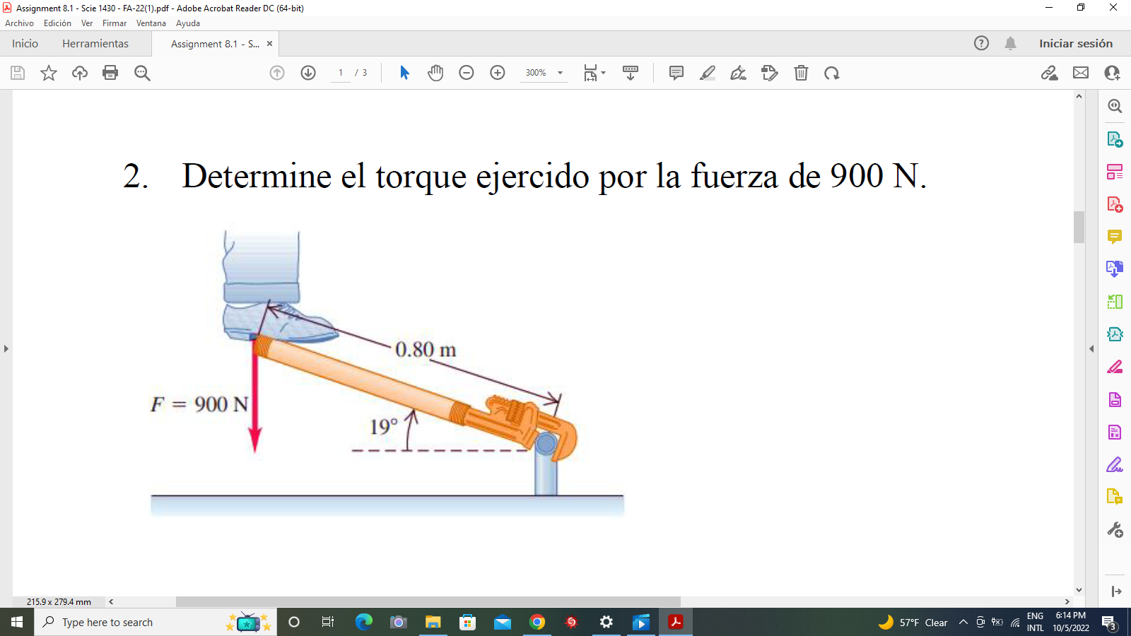 Determine el torque ejercido por la fuerza de \( 900 \mathrm{~N} \).