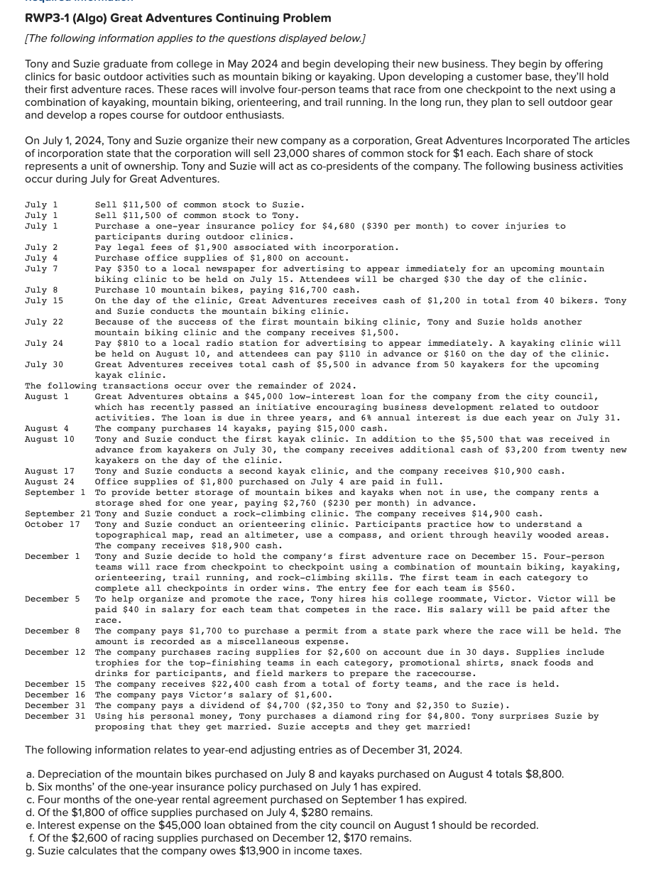 Solved RWP3-1 (Algo) Great Adventures Continuing Problem | Chegg.com