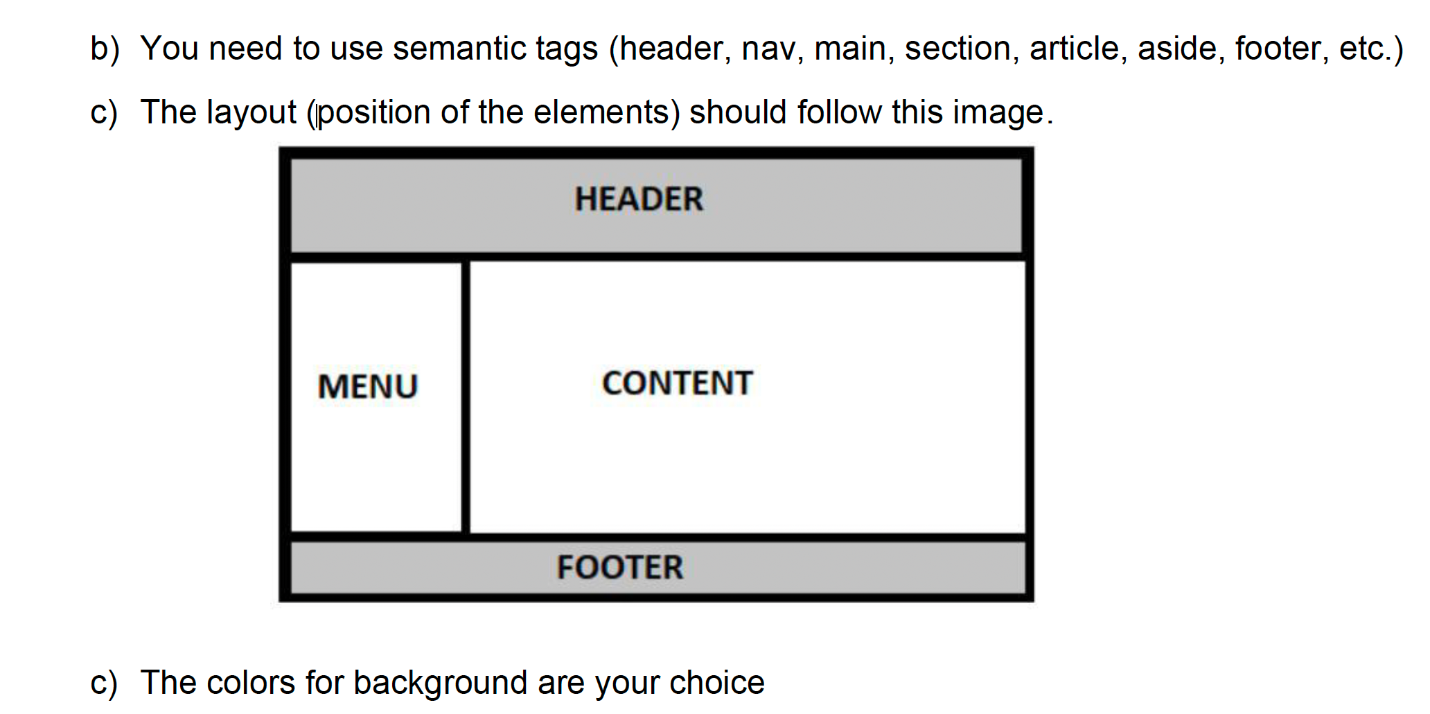 Solved b) You need to use semantic tags (header, nav, main, | Chegg.com