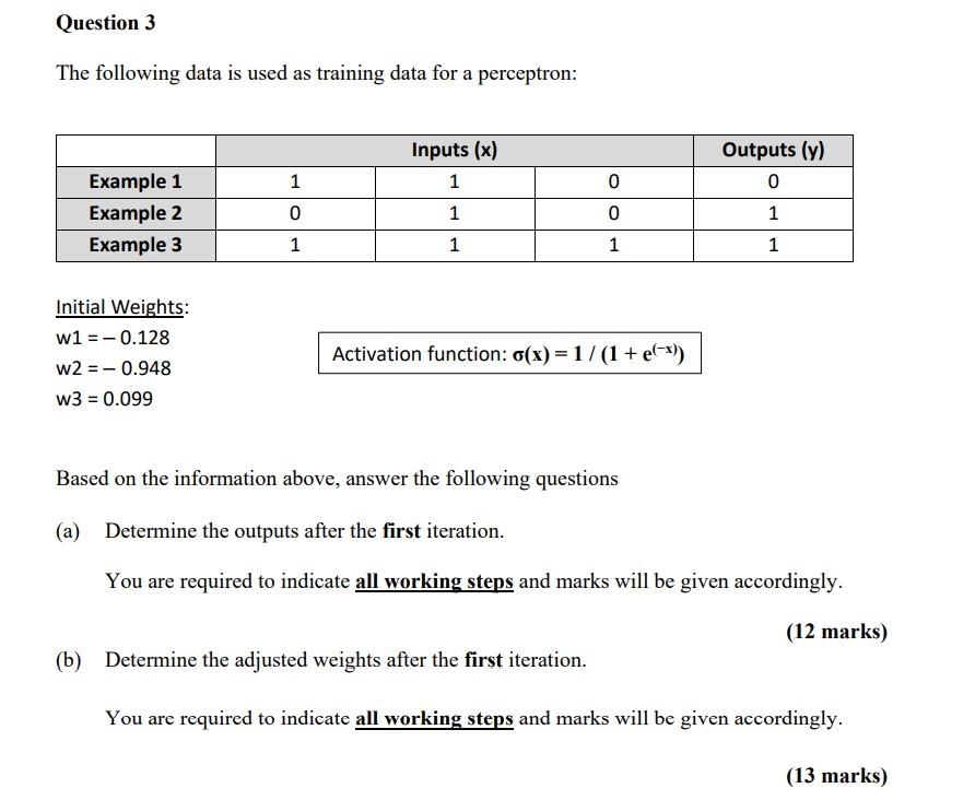 Solved Question 3 The following data is used as training | Chegg.com