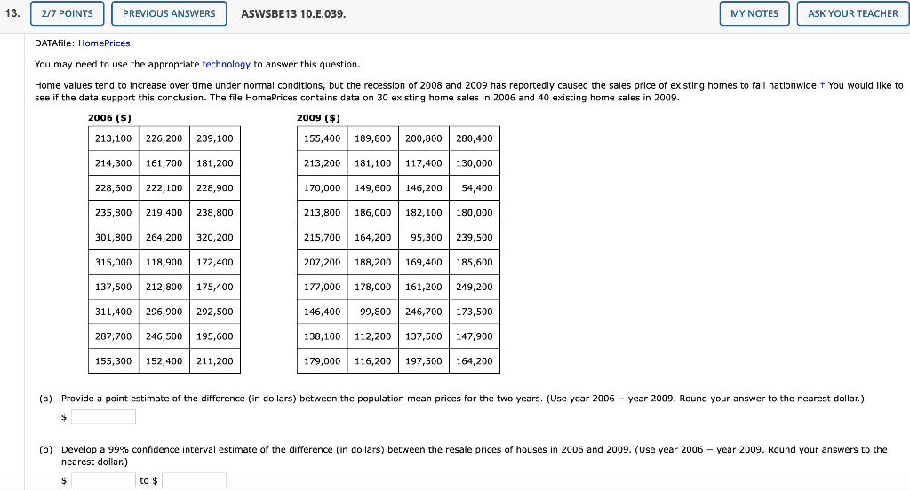Solved 13. 2/7 POINTS PREVIOUS ANSWERS ASWSBE13 10.E.039. MY