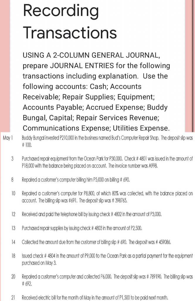 Solved Recording Transactions USING A 2 COLUMN GENERAL Chegg com