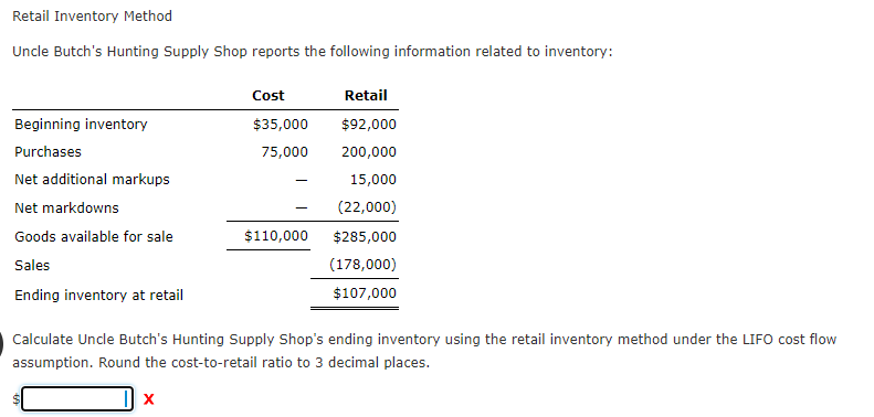 Solved Retail Inventory Method Uncle Butch's Hunting Supply | Chegg.com