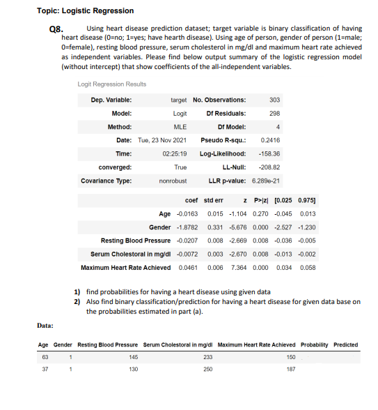 Topic: Logistic Regression Q8. Using heart disease | Chegg.com image.