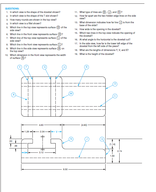 1. In which view is the shape of the dovetail shown? 2. In which view is the shape of the T slot
