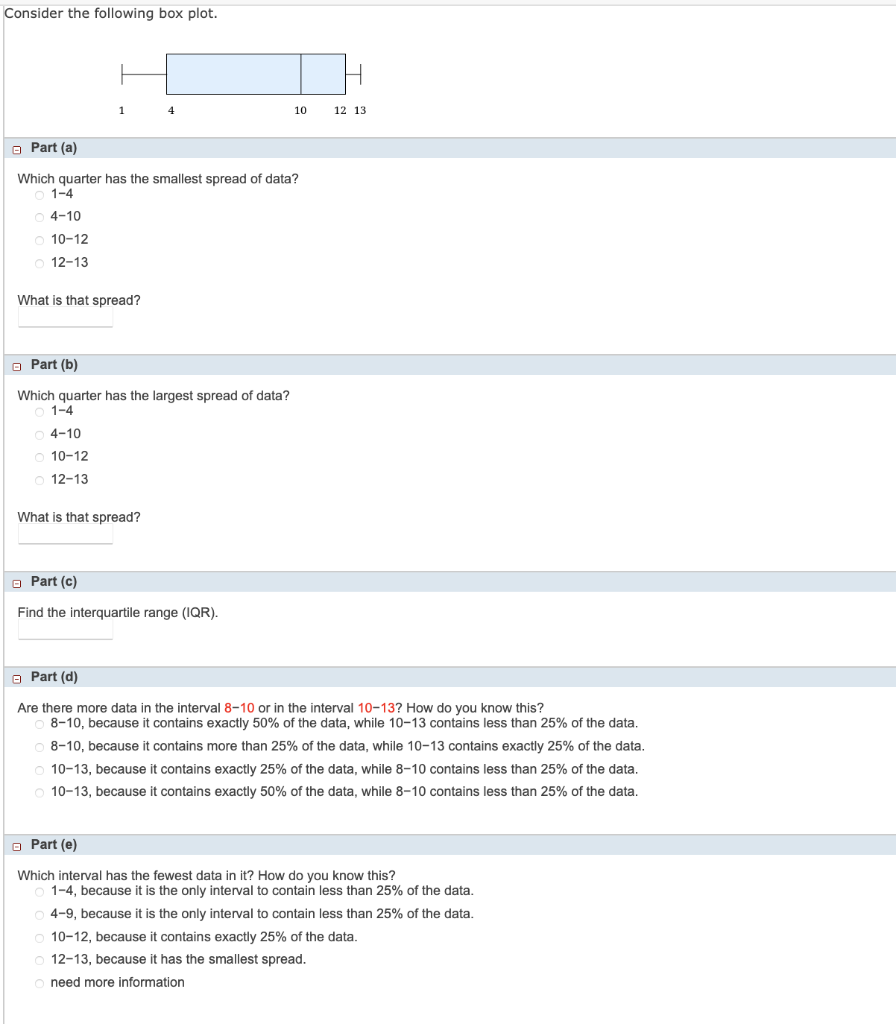 Consider the following box plot.
Part (a)
Which quarter has the smallest spread of data?
\[
\begin{array}{l}
1-4 \\
4-10 \\
1