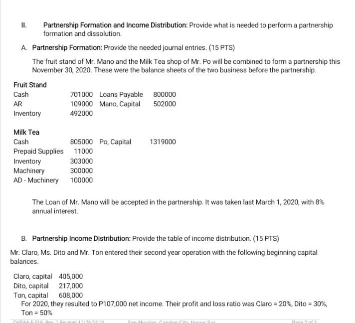 Solved II. Partnership Formation and Income Distribution: | Chegg.com