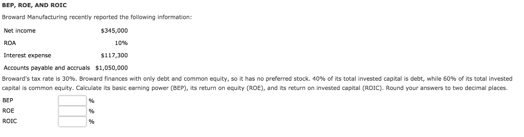 Solved BEP ROE AND ROIC Broward Manufacturing Recently Chegg