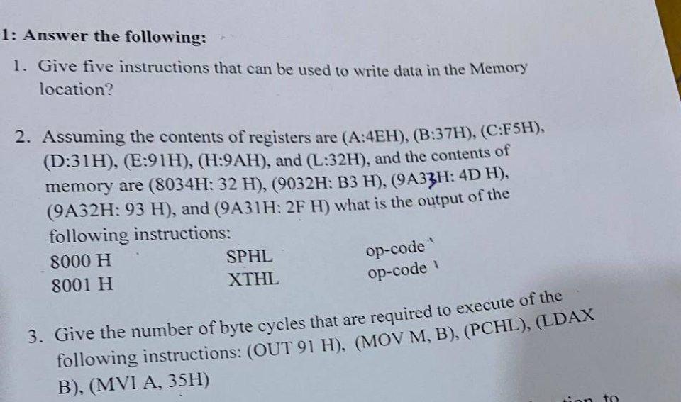 Solved 1: Answer the following: 1. Give five instructions | Chegg.com