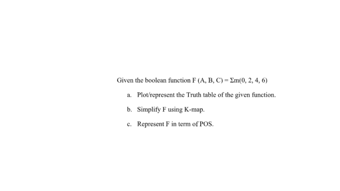 Solved Given the boolean function F (A, B, C) = Em(0, 2, 4, | Chegg.com