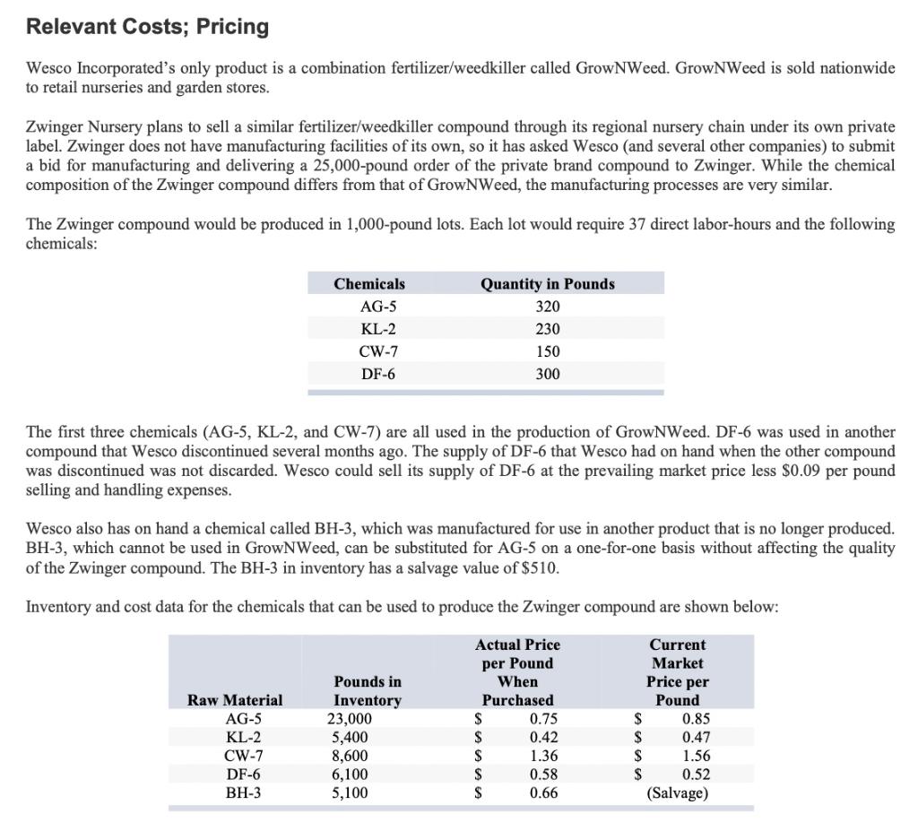 Solved Relevant Costs; Pricing Wesco Incorporated's only