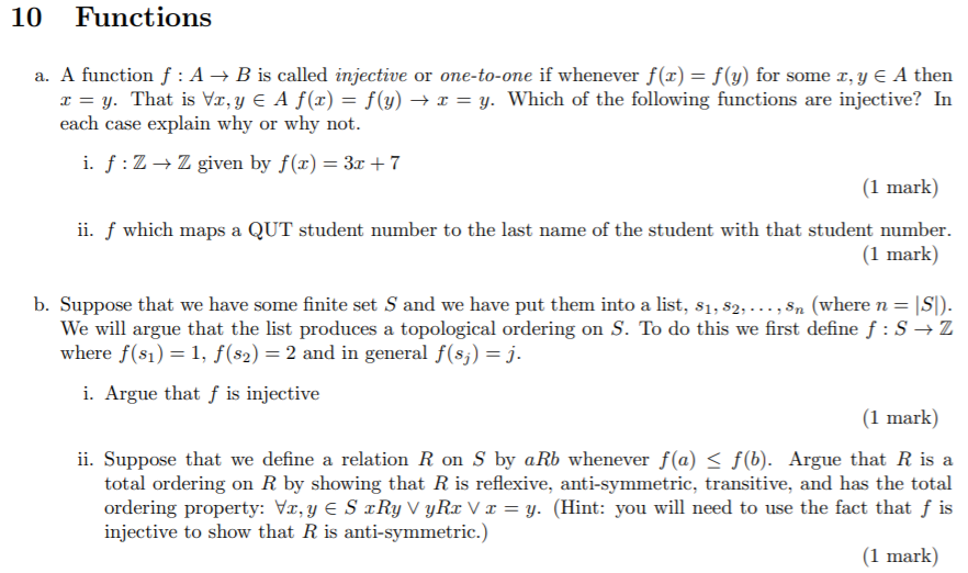 Solved 10 Functions A A Function F A B Is Called Inje Chegg Com