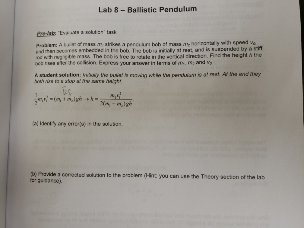 Solved Lab 8- Ballistic Pendulum Pre-lab: "Evaluate a | Chegg.com