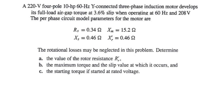 Solved A 220-V four-pole 10-hp 60-Hz Y-connected three-phase | Chegg.com