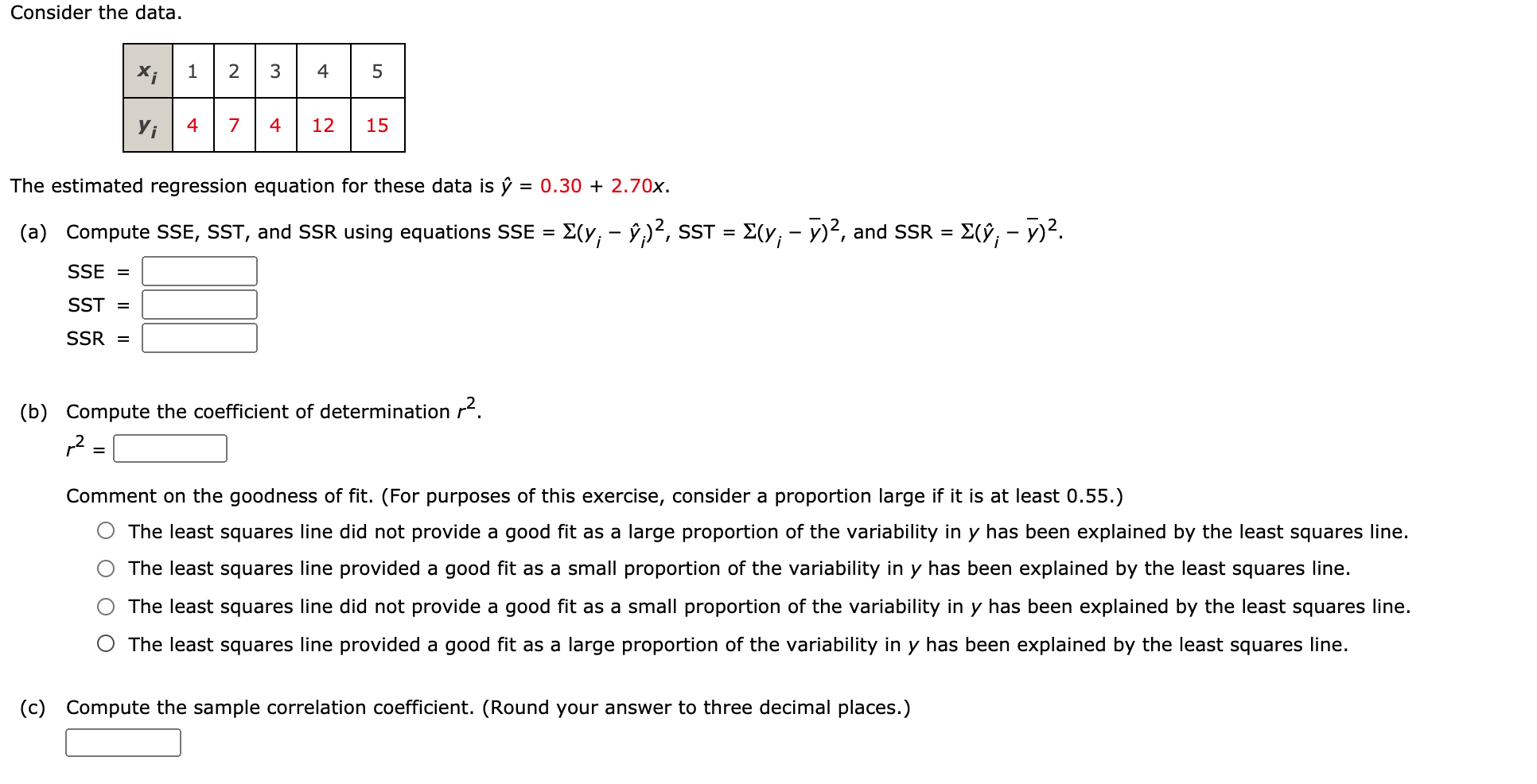 Solved Consider the data. X; 1 2 3 4 5 yi 4 7 4. 12 15 The | Chegg.com