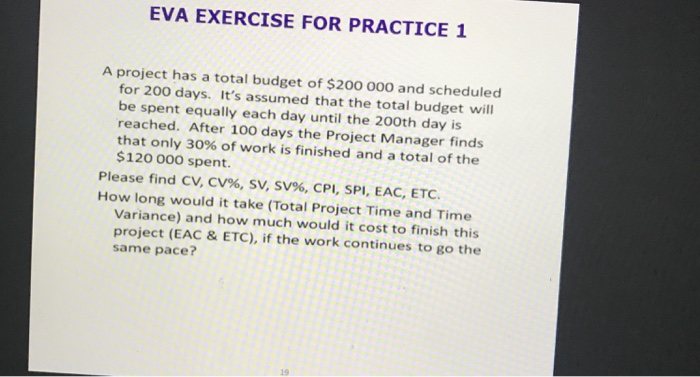 Solved EVA EXERCISE FOR PRACTICE 1 A project has a total | Chegg.com