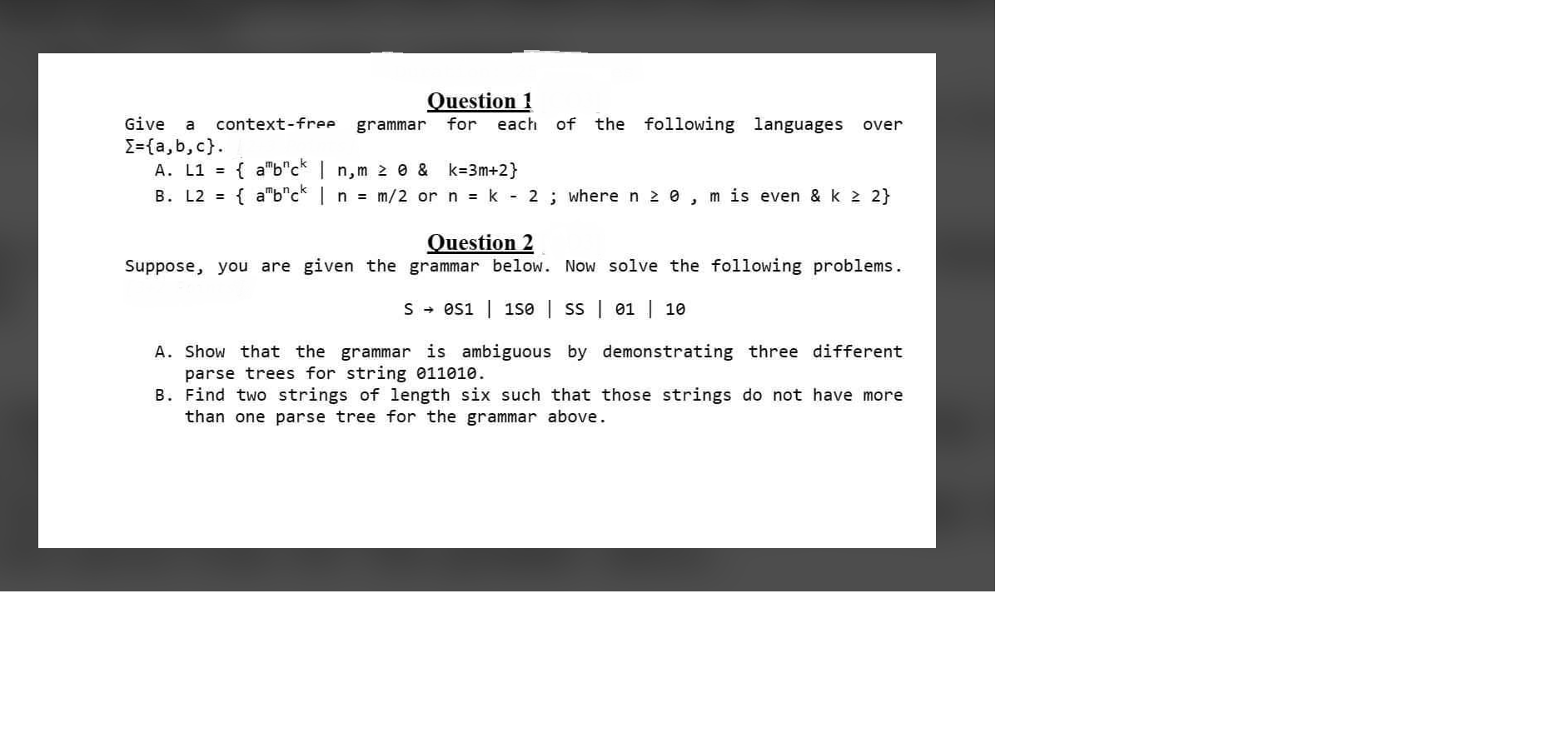 Solved Question 1Give a context-free grammar for each of the | Chegg.com