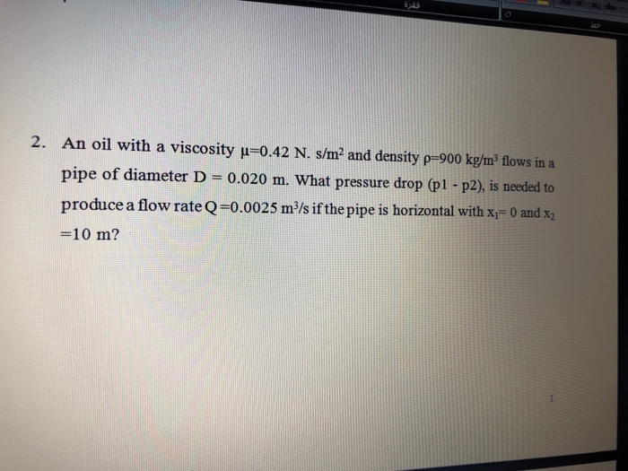 Solved An oil with a viscosity μ-0.42 N. s/m2 and density | Chegg.com