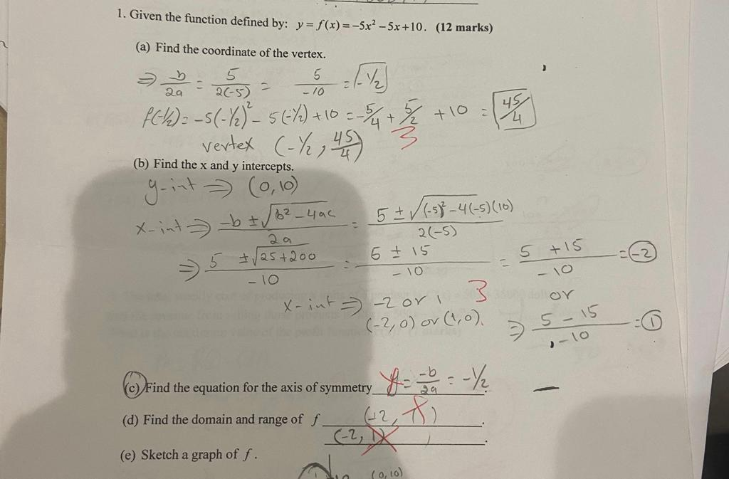 Solved 1. Given the function defined by: y=f(x) = -5x? - | Chegg.com