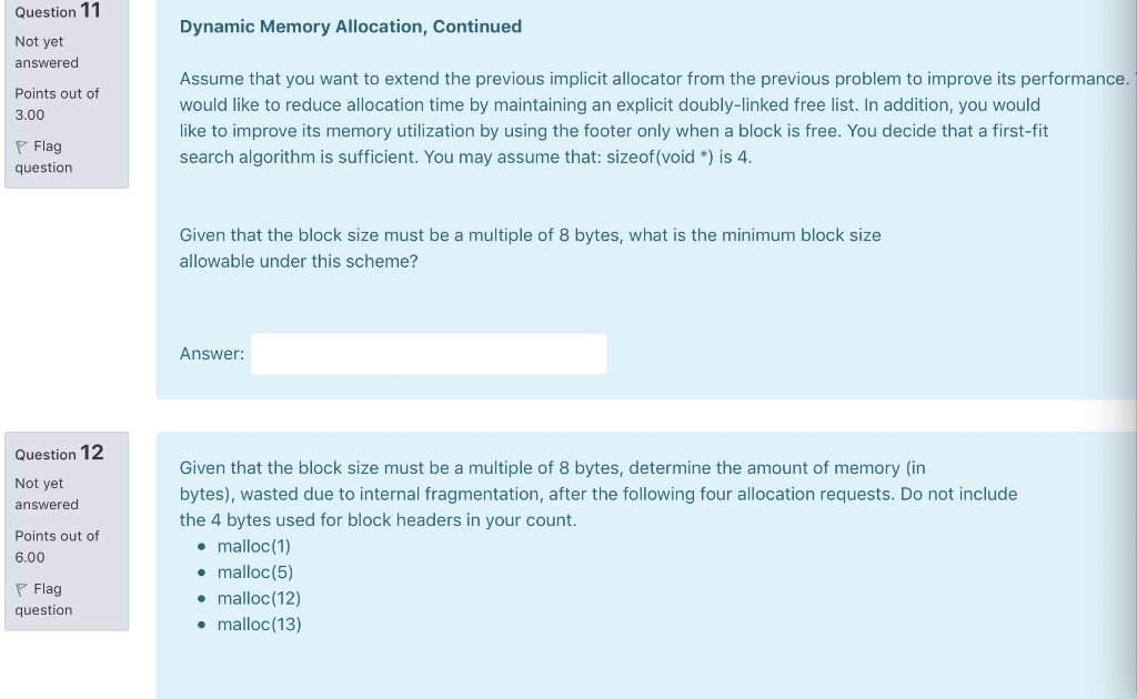 Solved Question 11 Dynamic Memory Allocation, Continued Not | Chegg.com
