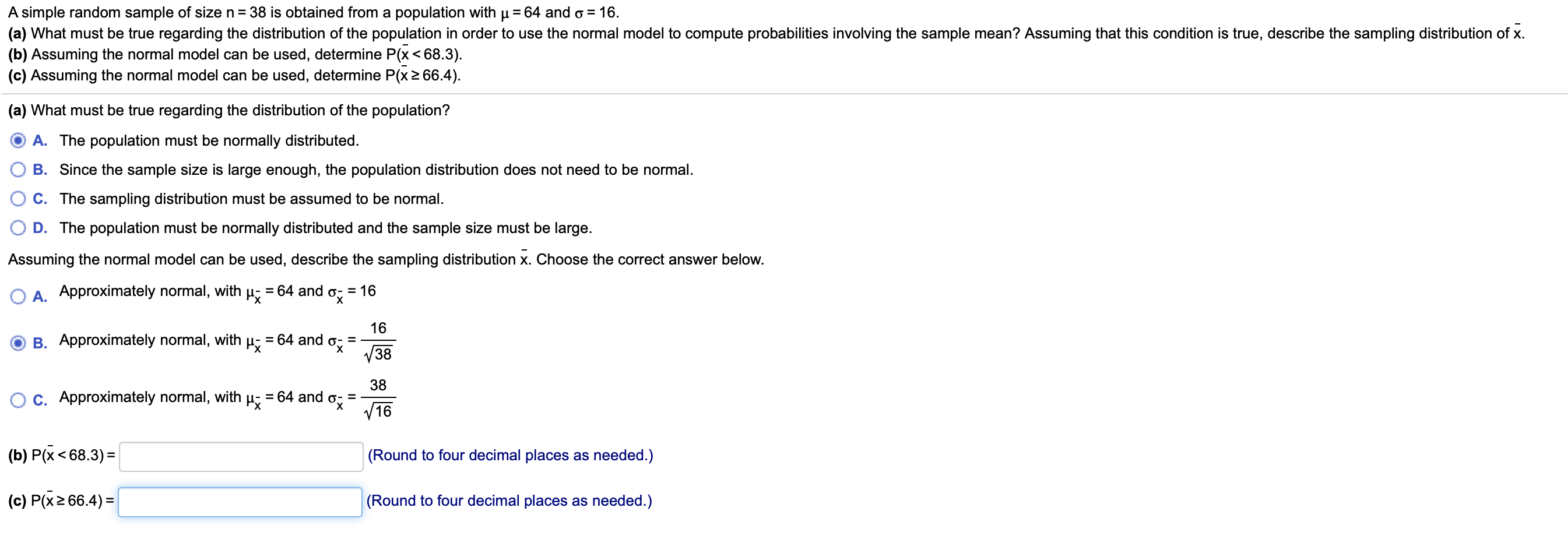 Solved A simple random sample of size n 38 is obtained from | Chegg.com
