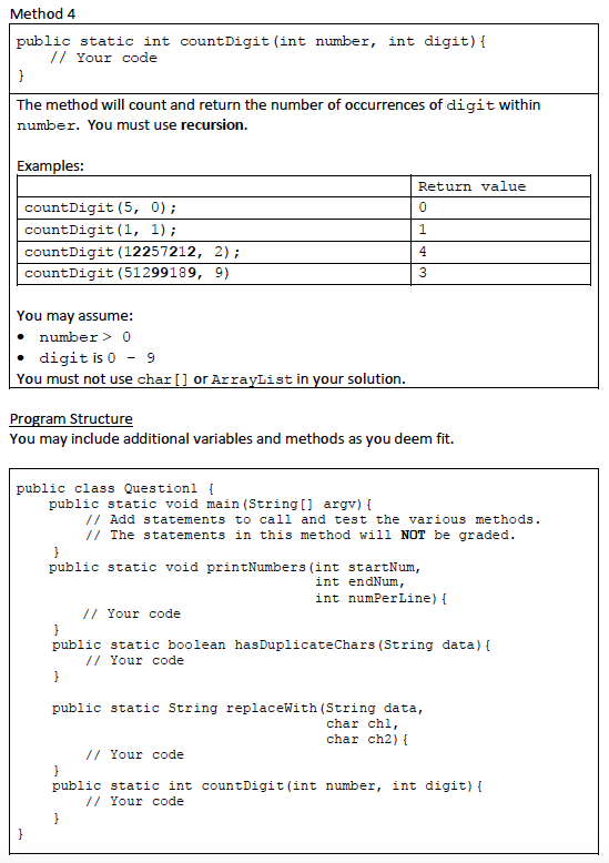 Solved Question 1 Write a Java program containing the static | Chegg.com