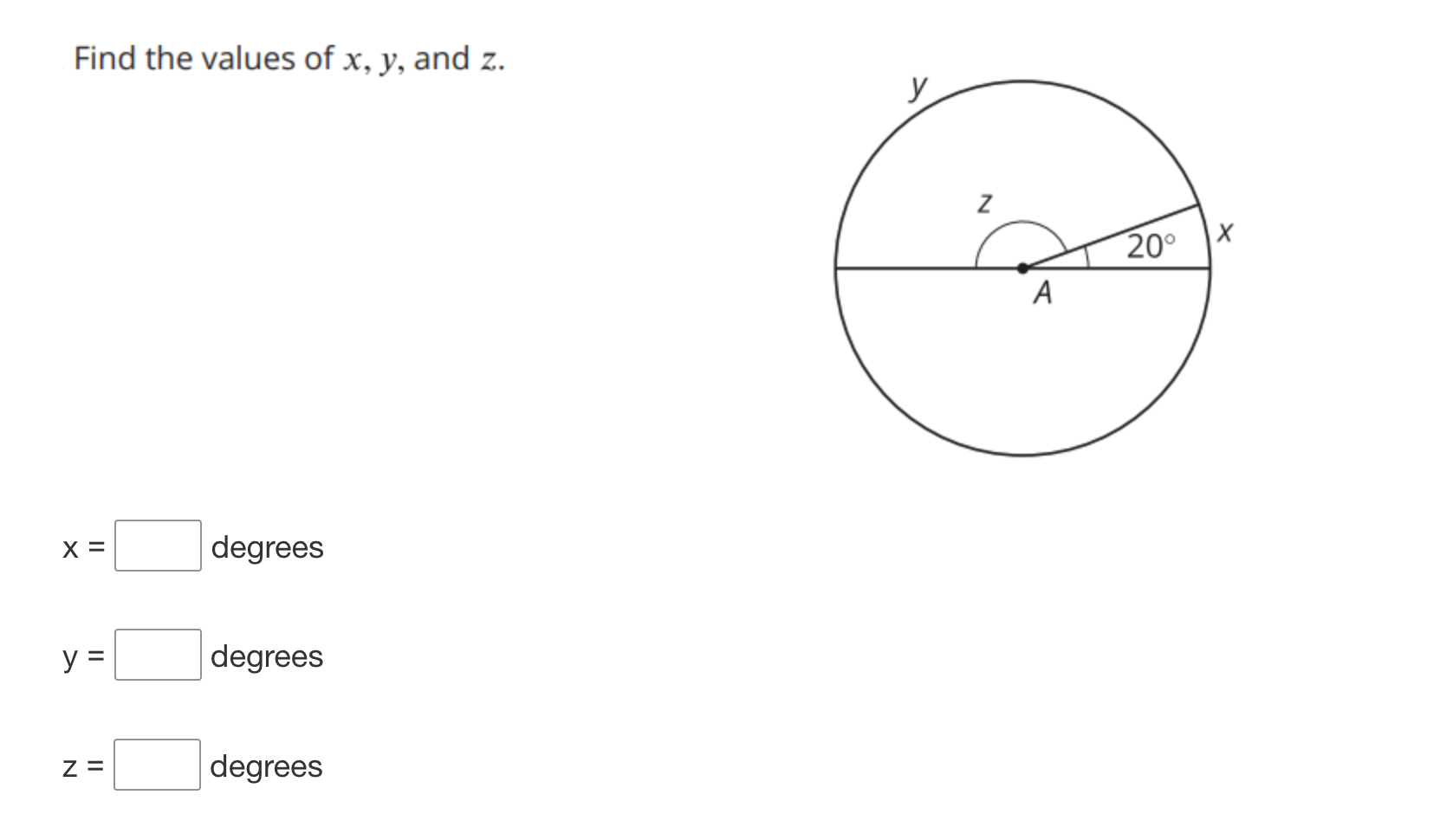 Find the values of x, y, and z. y Z N 20° А X = degrees y = degrees Z = degrees