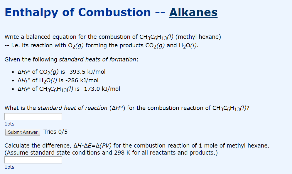 Solved Enthalpy of Combustion Alkanes Write a balanced | Chegg.com