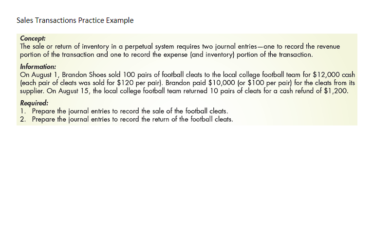 Solved Sales Transactions Practice Example Concept: The sale | Chegg.com