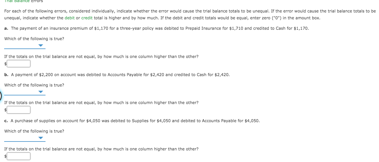 Solved Trial balance Errors For each of the following | Chegg.com