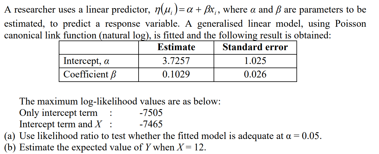 Solved a i A researcher uses a linear predictor, n(u;)=a + | Chegg.com